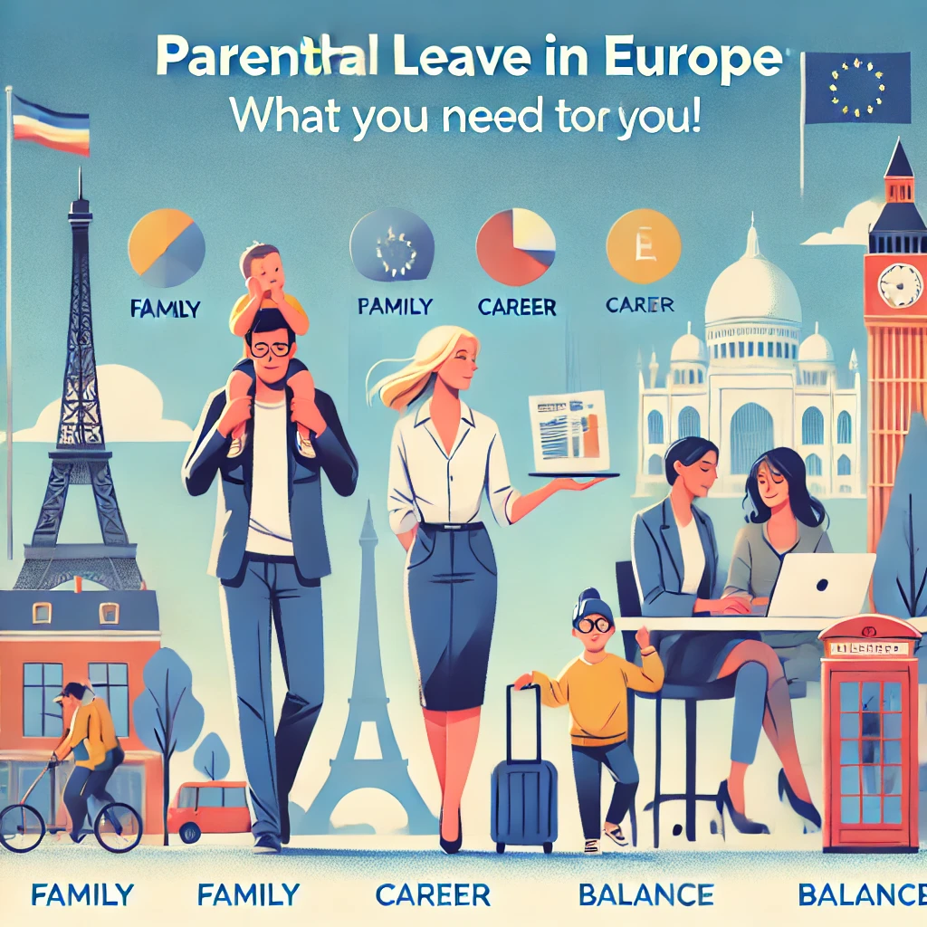 Illustration of a diverse family with a balanced work-life scenario, featuring European landmarks like the Eiffel Tower, Big Ben, and a Nordic fjord, with the text 'Parental Leave in Europe: What You Need to Know!